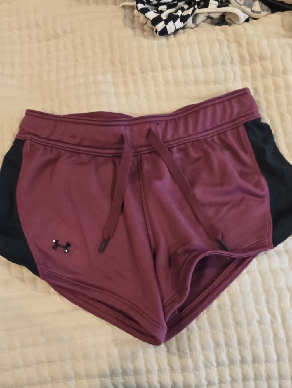 Under Armour Women's Maroon Athletic Drawstring Shorts with Black Panels